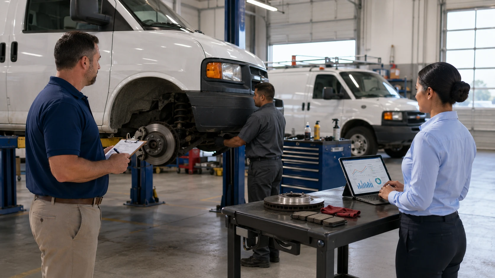 Technician inspecting vehicle brakes after a safety alert