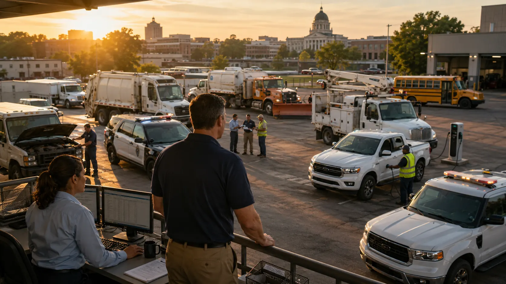 Government fleet vehicles deployed during an emergency response event with availability and location data tracked in a fleet management system