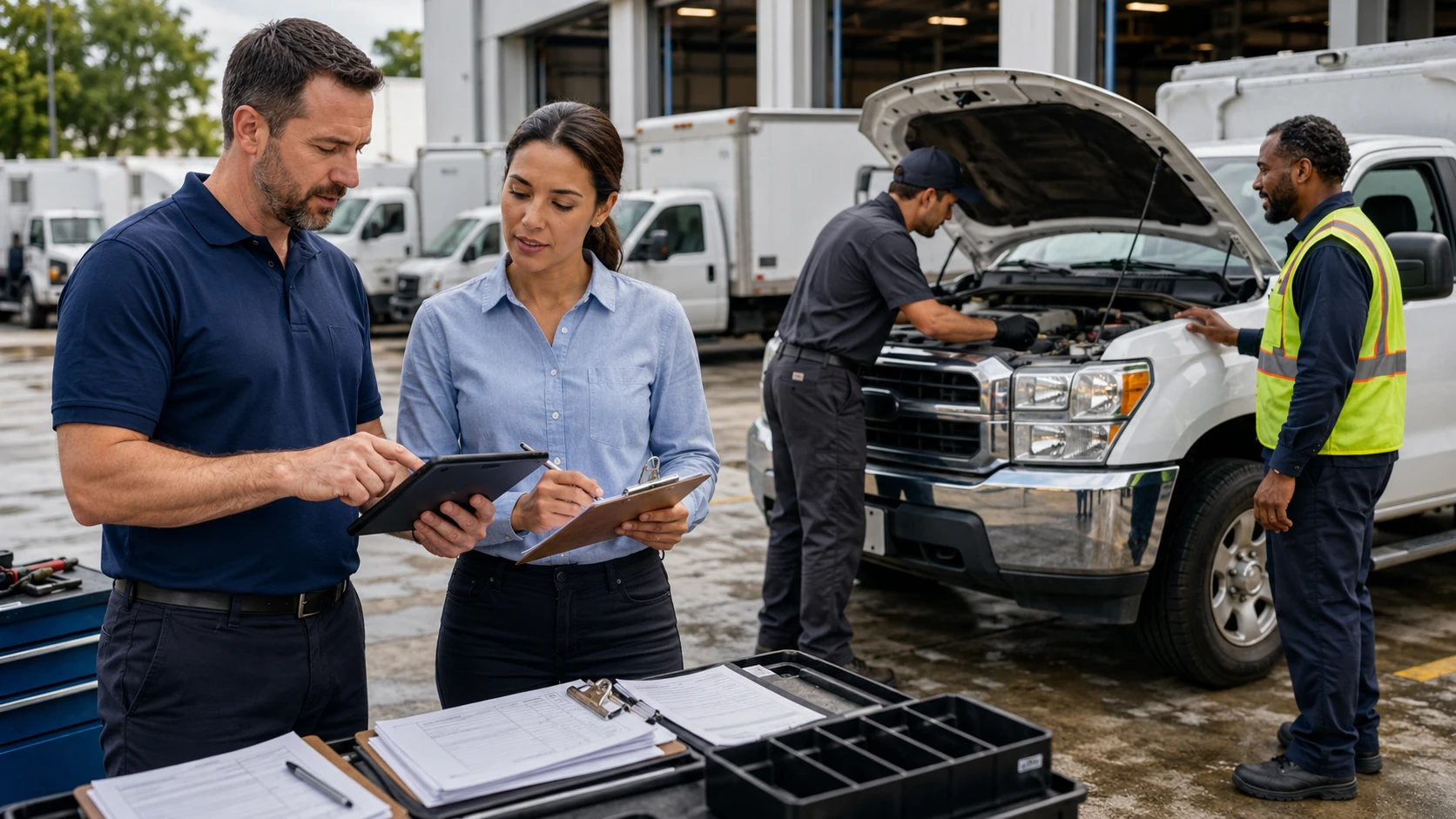 Manager reviewing scattered fuel and repair invoices across departments