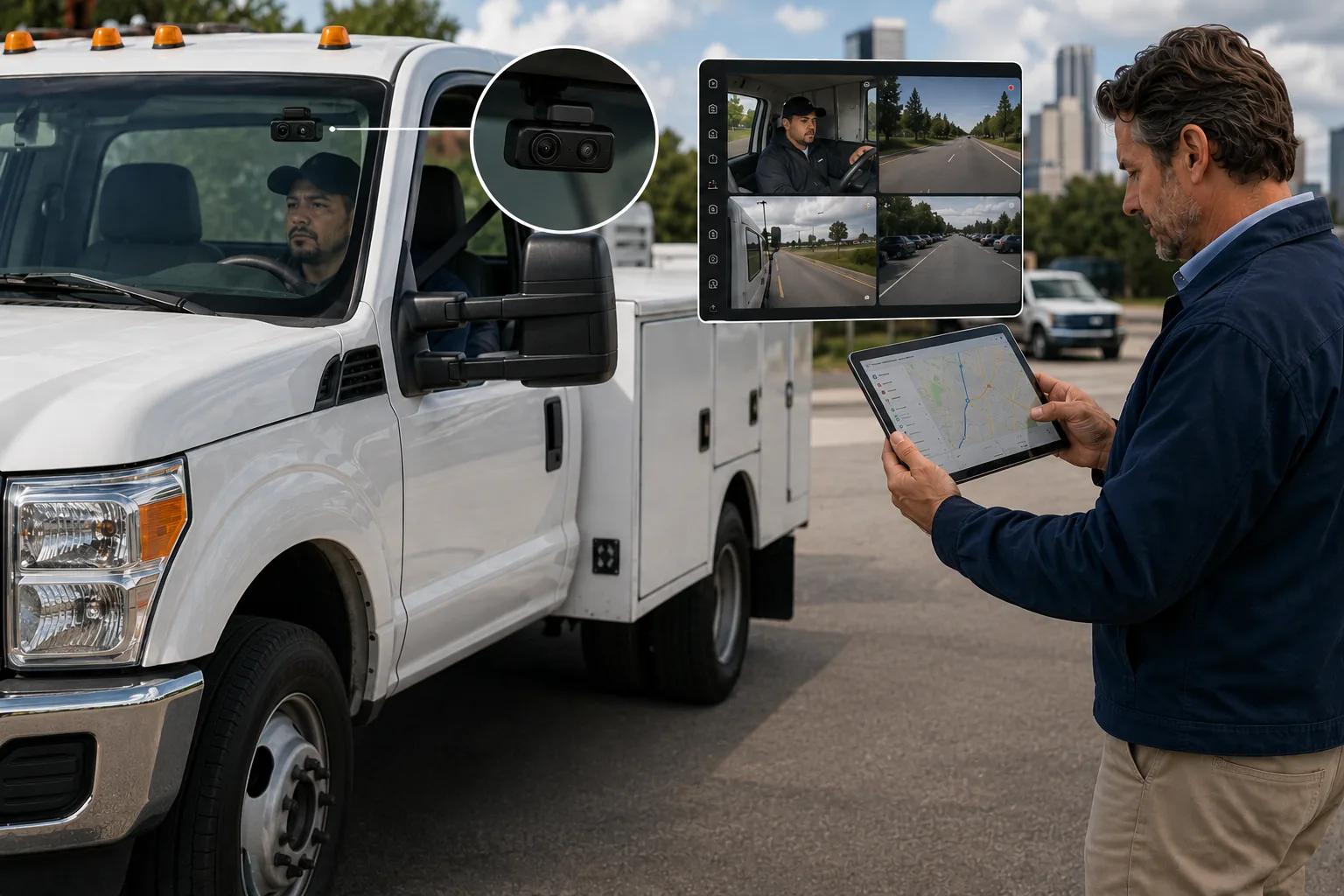 Fleet vehicle with driver safety camera mounted on windshield