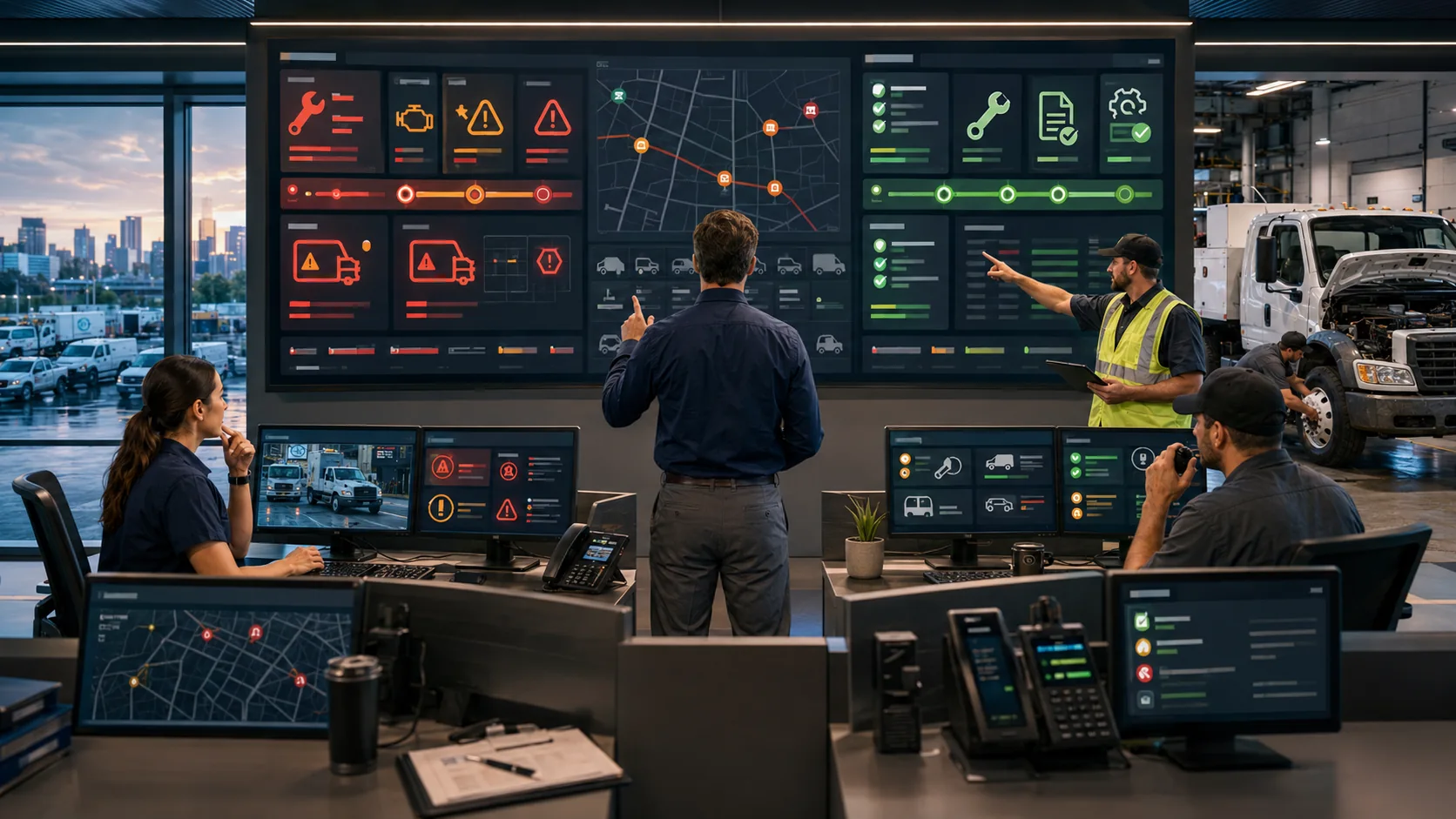 Fleet management software dashboard showing maintenance reminders, inspection defects, and work order tracking for escalation workflows