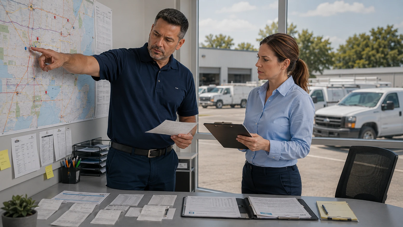 Fleet manager reviewing a fuel exception report on a laptop