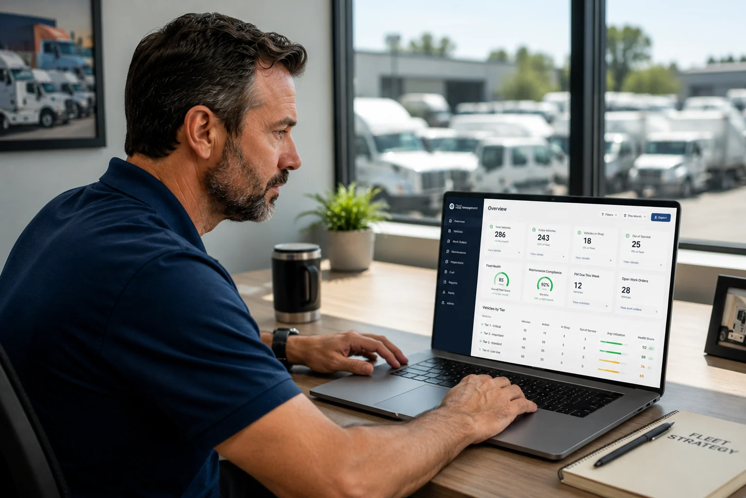 Fleet manager surrounded by overlapping spreadsheet tabs trying to compile a maintenance report across multiple disconnected files