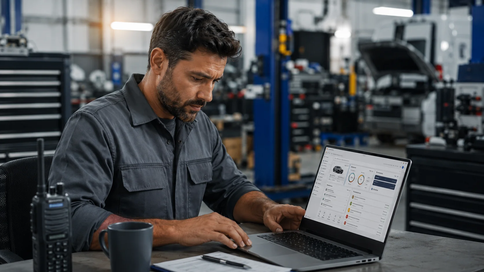 Fleet management platform showing all seven maintenance records connected in one vehicle file including repair history, PM schedule, parts inventory, DVIR, and warranty status