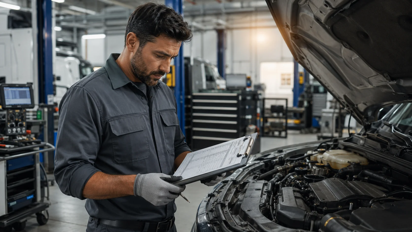 Fleet technician pulling up a vehicle identification and configuration record on a tablet showing VIN, engine spec, upfit notes, and parts compatibility before a repair