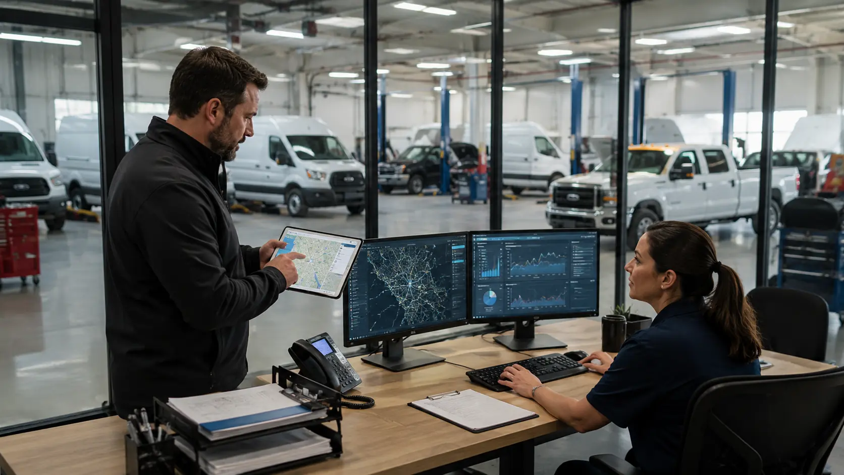 Fleet vehicle tracking system displaying real time location, driver behavior metrics, engine diagnostics, and route data beyond simple GPS tracking
