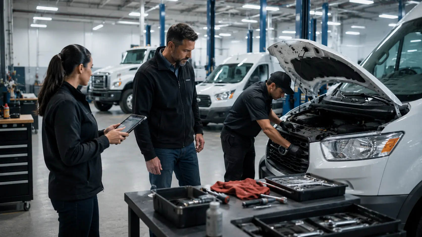 Fleet vehicle tracking integrated with maintenance scheduling system showing mileage updates, inspection results, and service history records