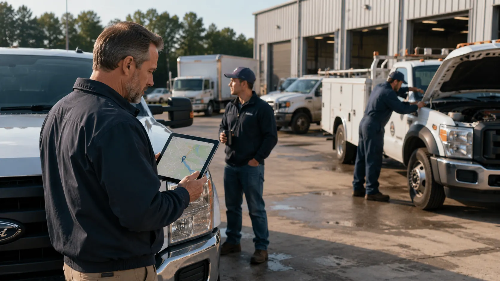 GPS map showing vehicle locations on routes while missing the underlying fuel, maintenance, and driver behavior data needed for full fleet visibility