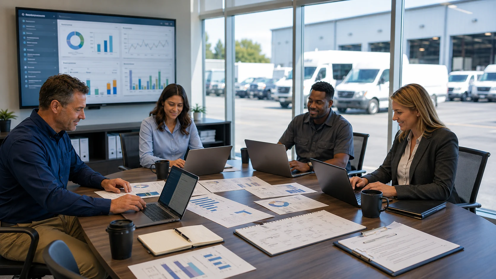 Cross functional fleet review meeting with operations, maintenance, safety, and finance team leads discussing the same monthly fleet report around a shared dashboard