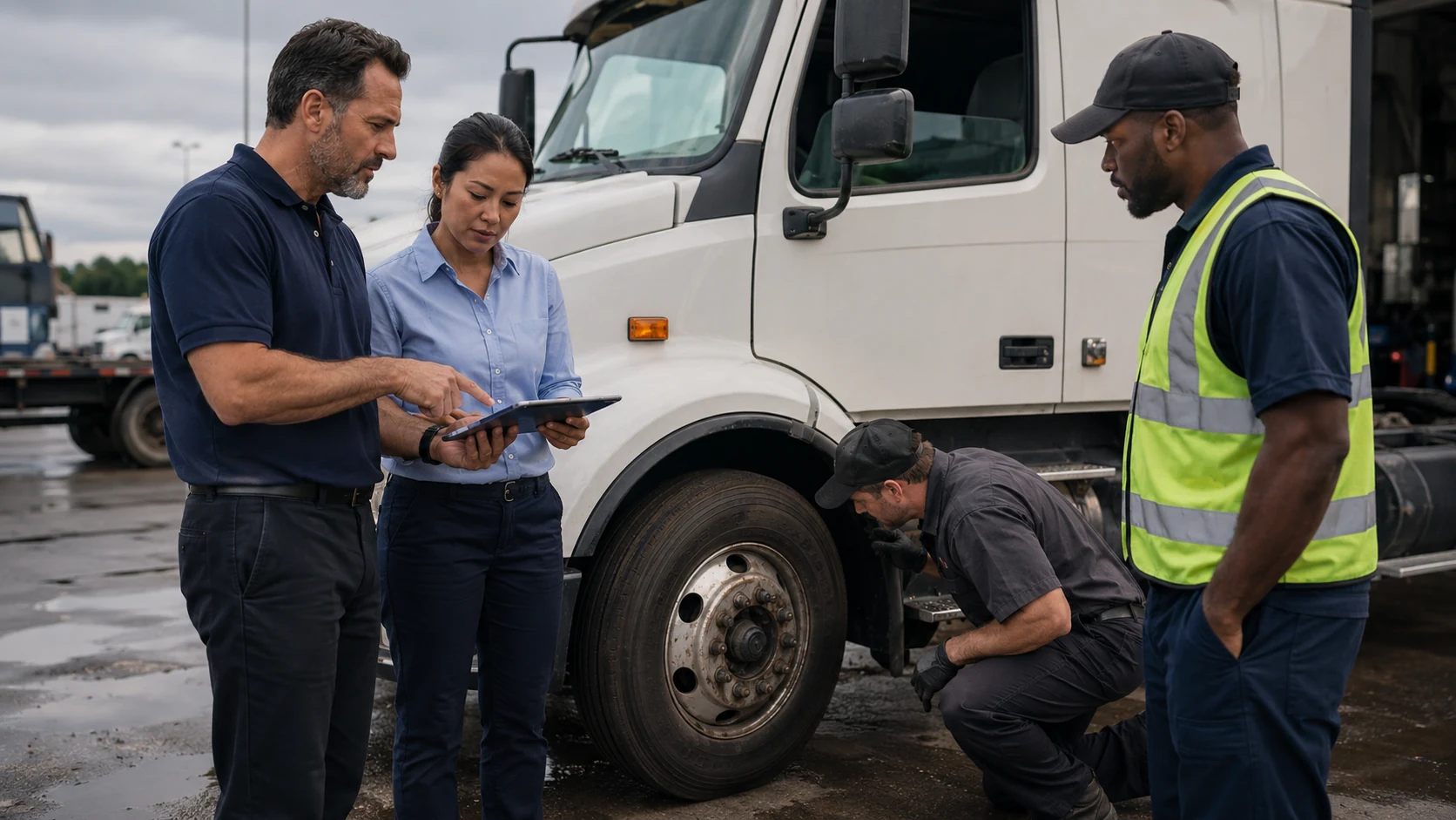 Technician performing a structured roadside inspection checklist