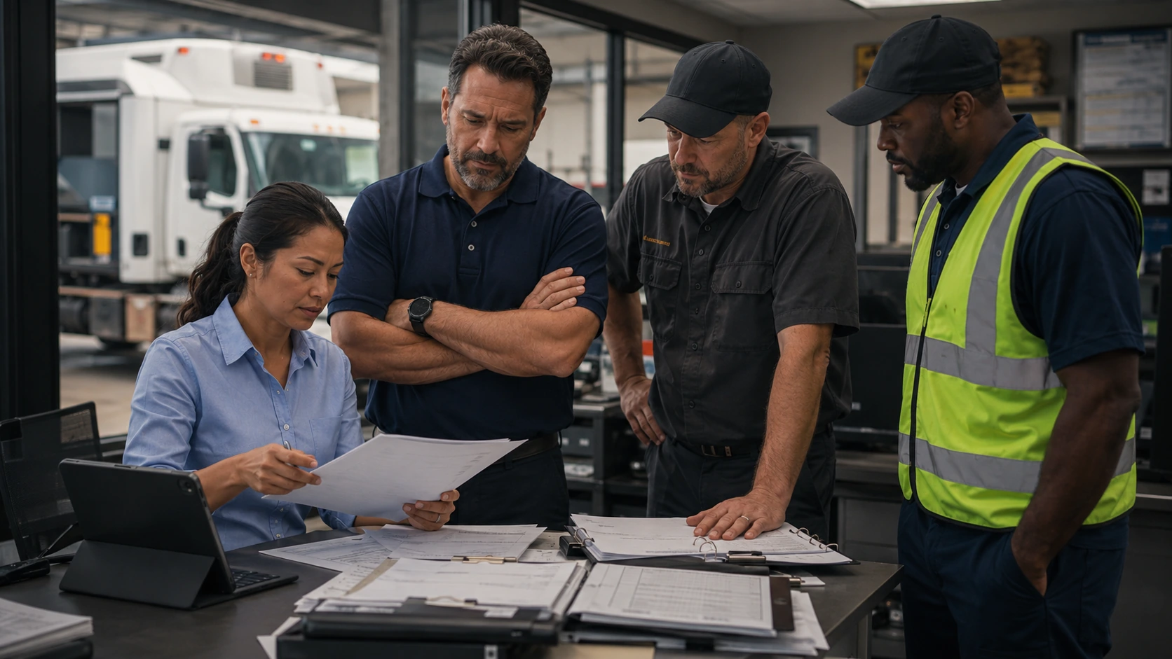 Insurance adjuster reviewing fleet inspection and claims records