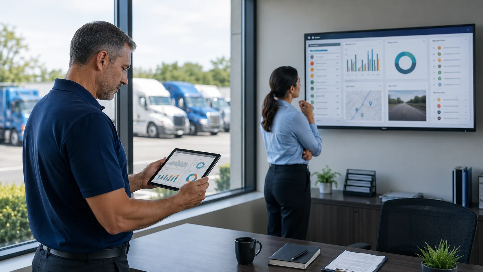 Fleet driver using a digital vehicle inspection app on a tablet to complete a pre-trip DVIR that automatically routes defects to the maintenance team in real time