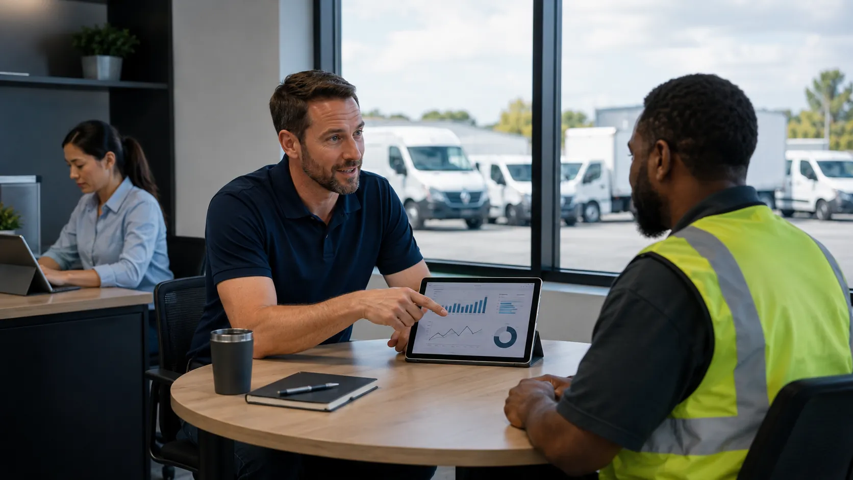Fleet manager sitting with a driver reviewing telematics data together to have a context-led coaching conversation about recent behaviour
