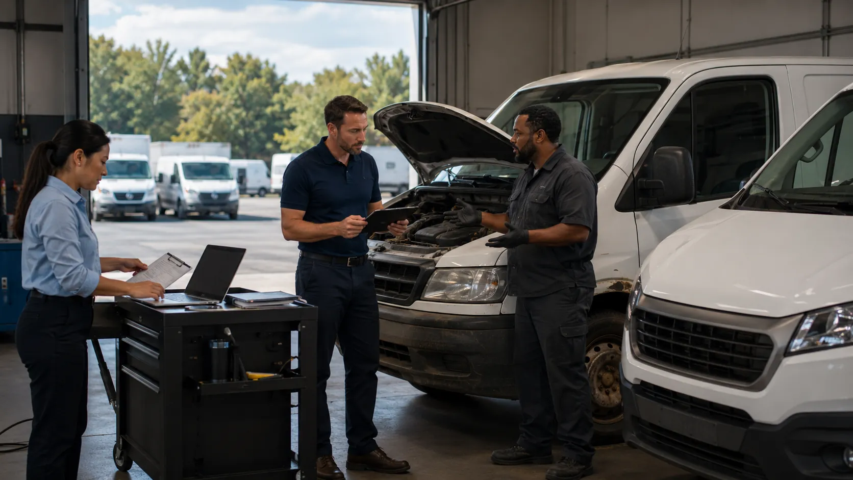 Fleet manager reviewing repair history, cost trends, and inspection records on a dashboard before making a vehicle lifecycle decision