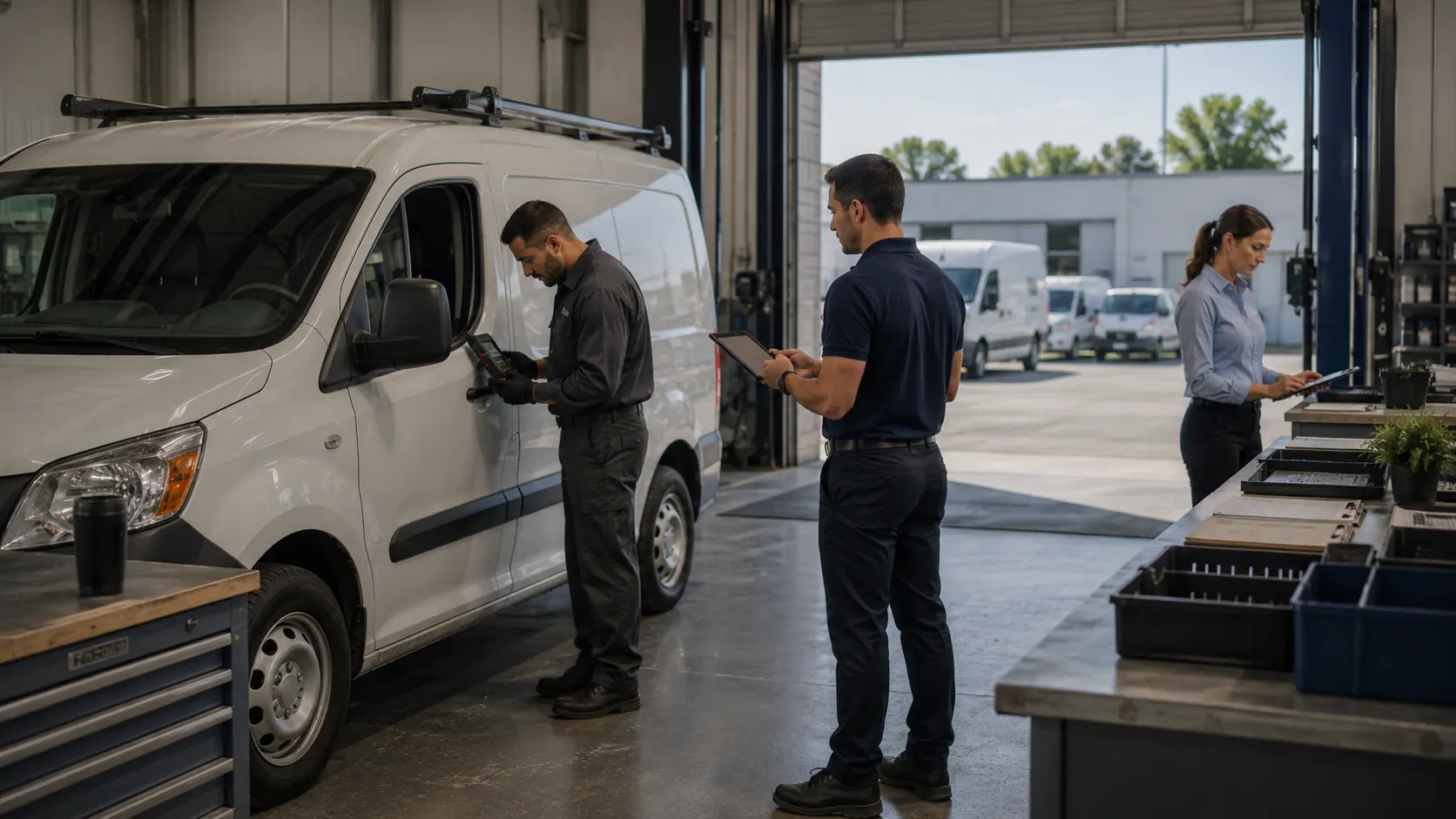 Fleet driver using a mobile digital inspection app to submit a defect report that automatically connects to the correct vehicle record and maintenance work order