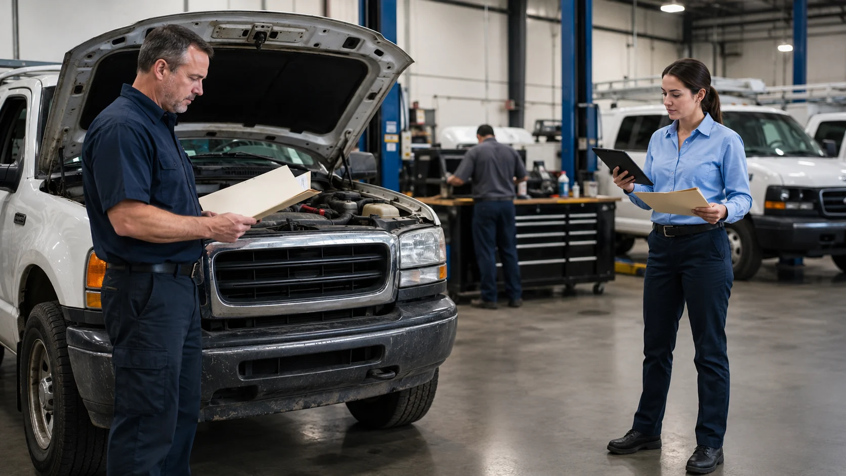 Fleet manager reviewing a vehicle's total cost of ownership and repair history to decide on replacement