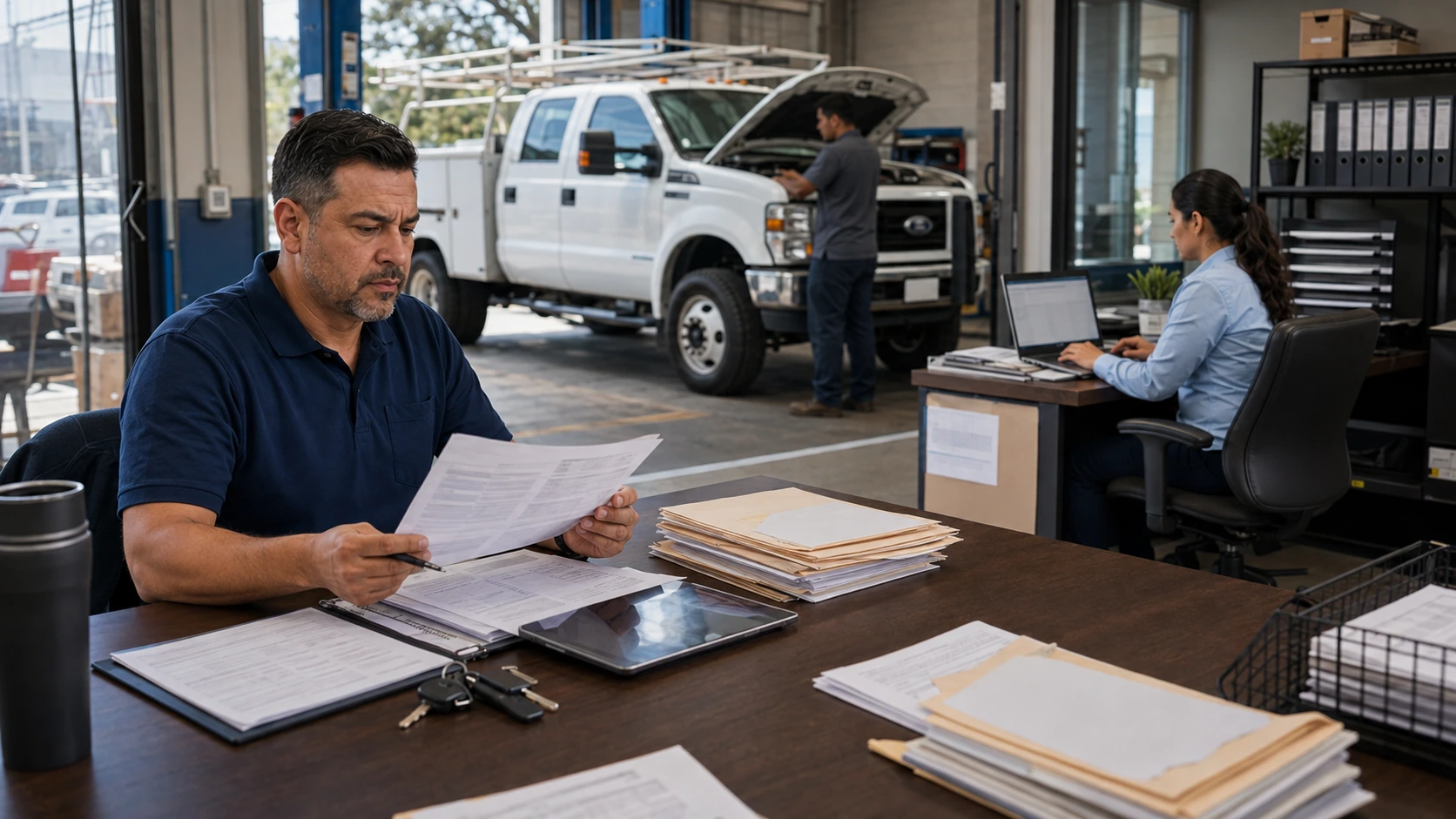 Fleet manager reviewing a checklist to evaluate free maintenance software