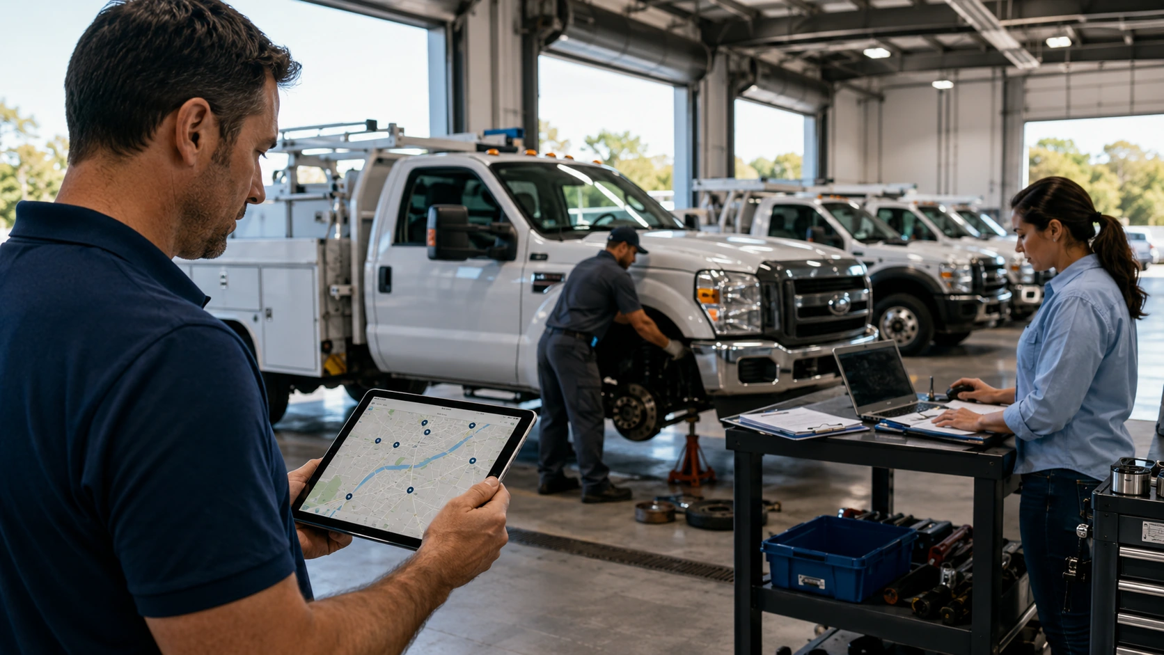Fleet manager connecting maintenance records to a GPS dashboard