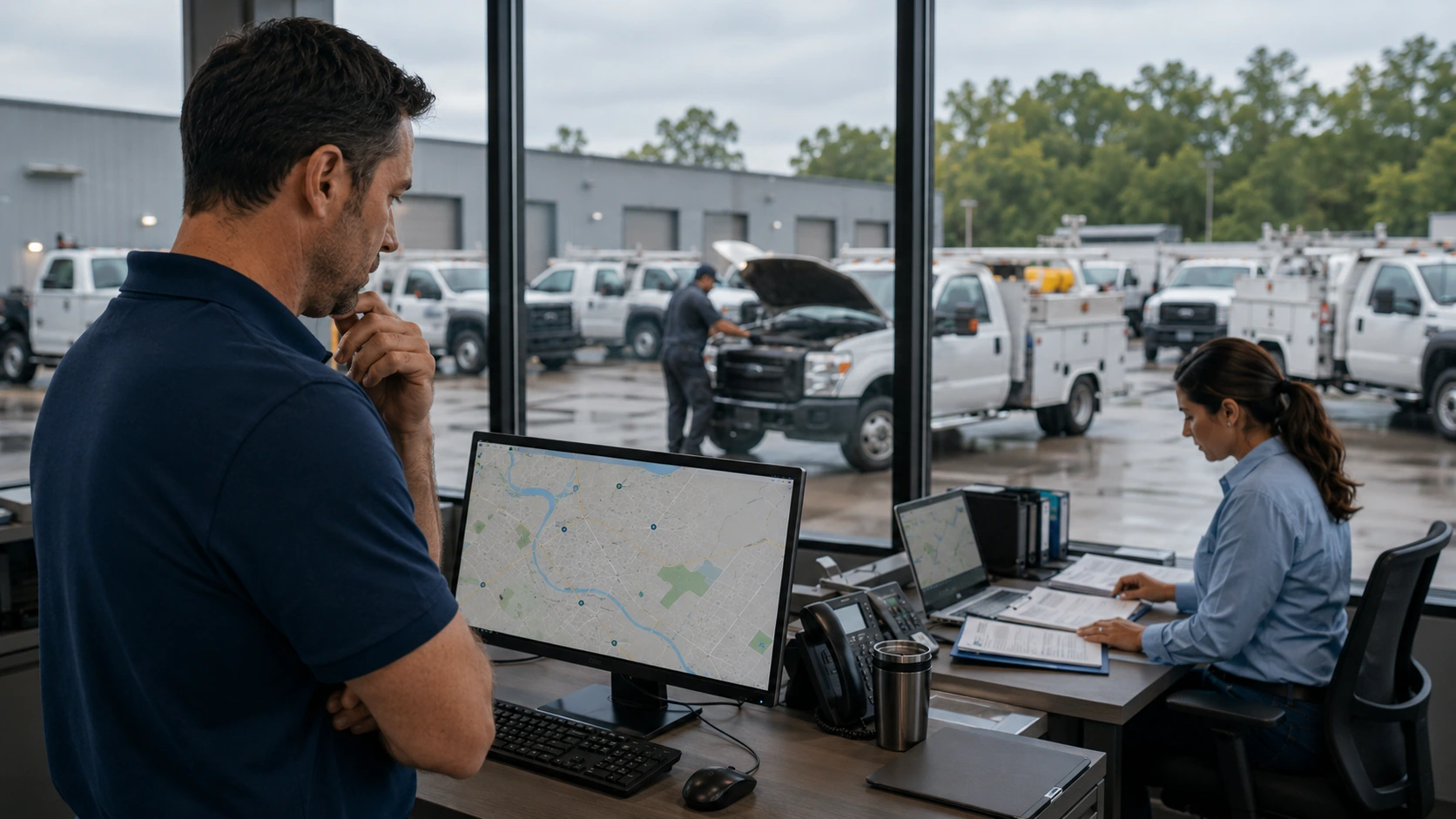 Fleet manager viewing vehicle locations on a GPS tracking map