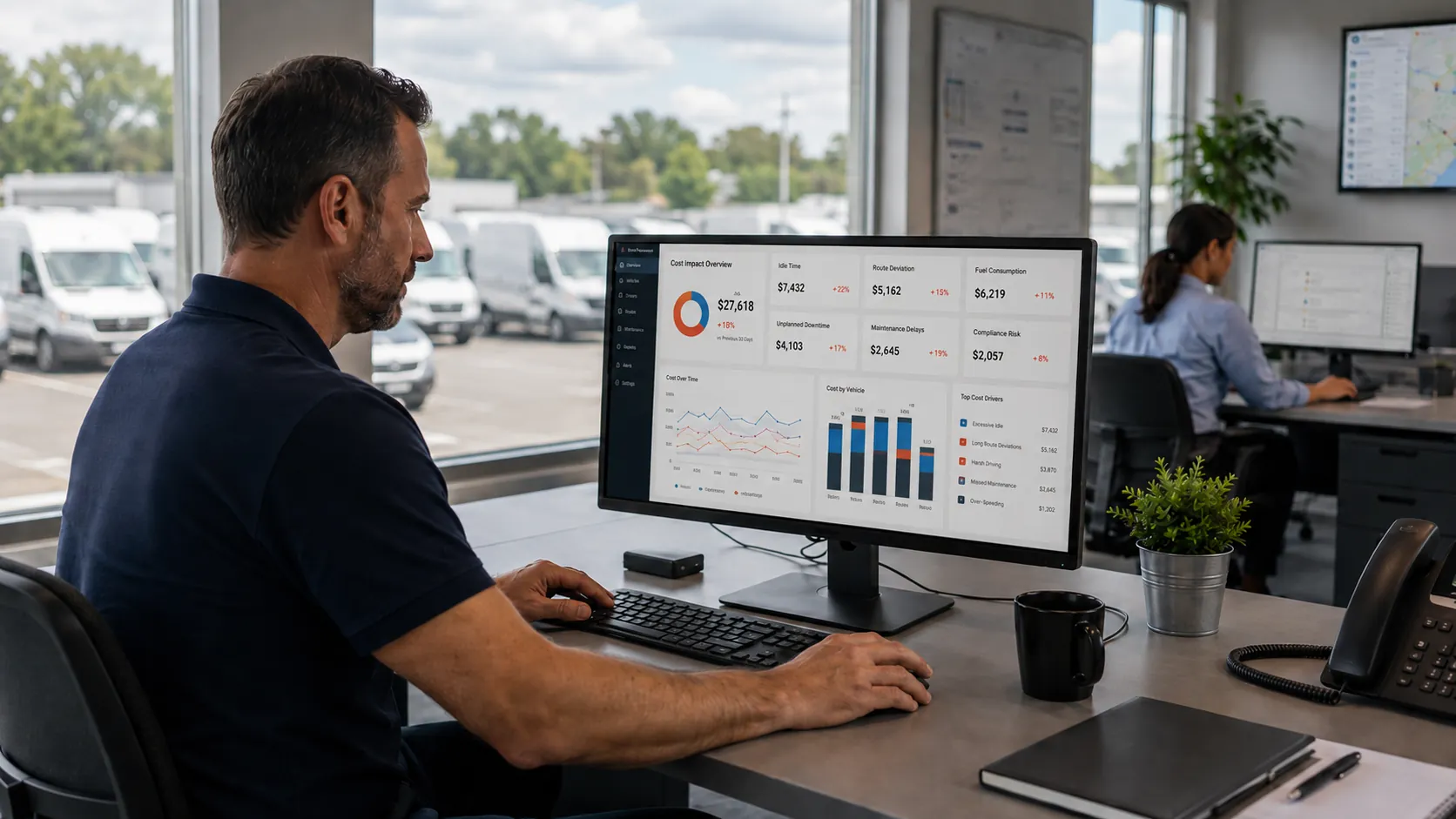 Fleet manager and technician reviewing GPS and maintenance data together