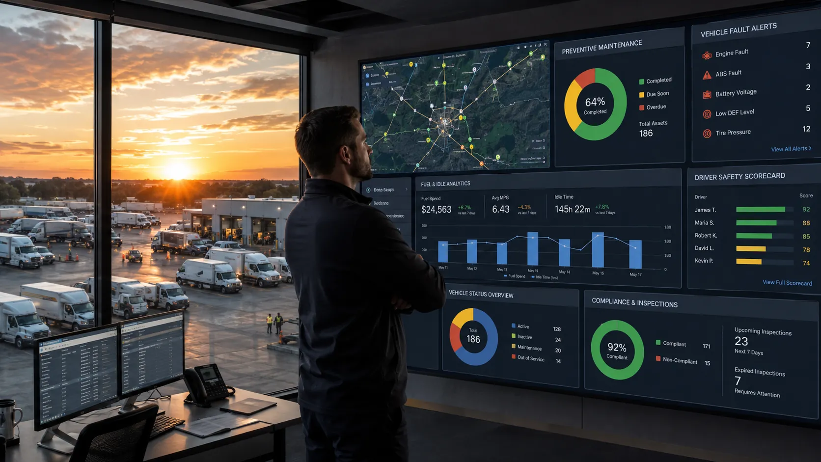 GPS fleet report combining location, maintenance, fuel, and driver data