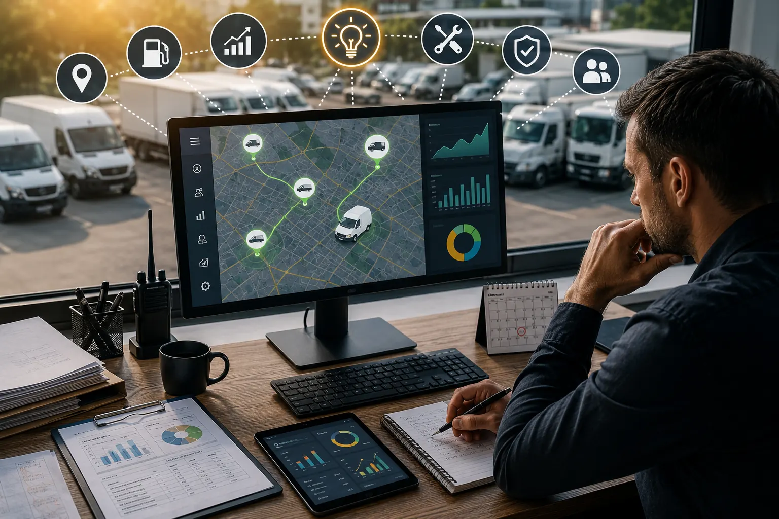 Fleet manager reviewing GPS tracking dashboard to make better dispatching and operational decisions