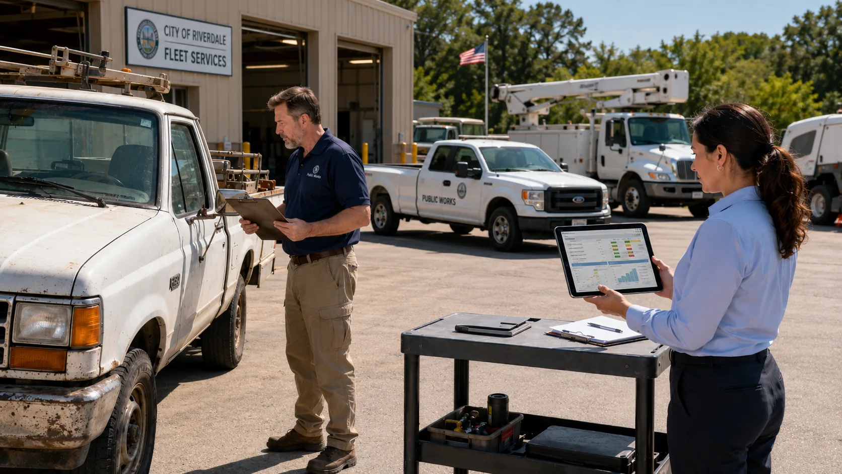 Government fleet manager reviewing vehicle replacement approval documents and budget records
