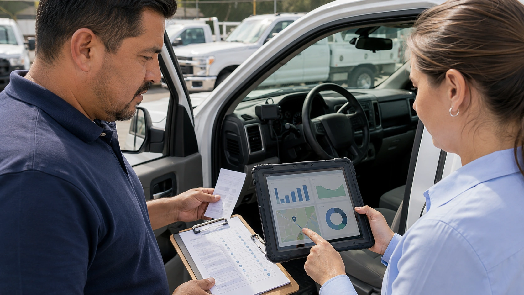 Fleet manager reconciling telematics idle records with fuel card purchases