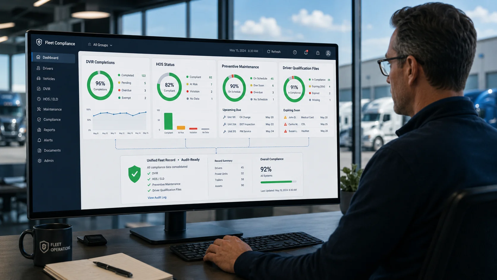 Fleet manager streamlining DOT compliance workflows across inspections, HOS, and documentation