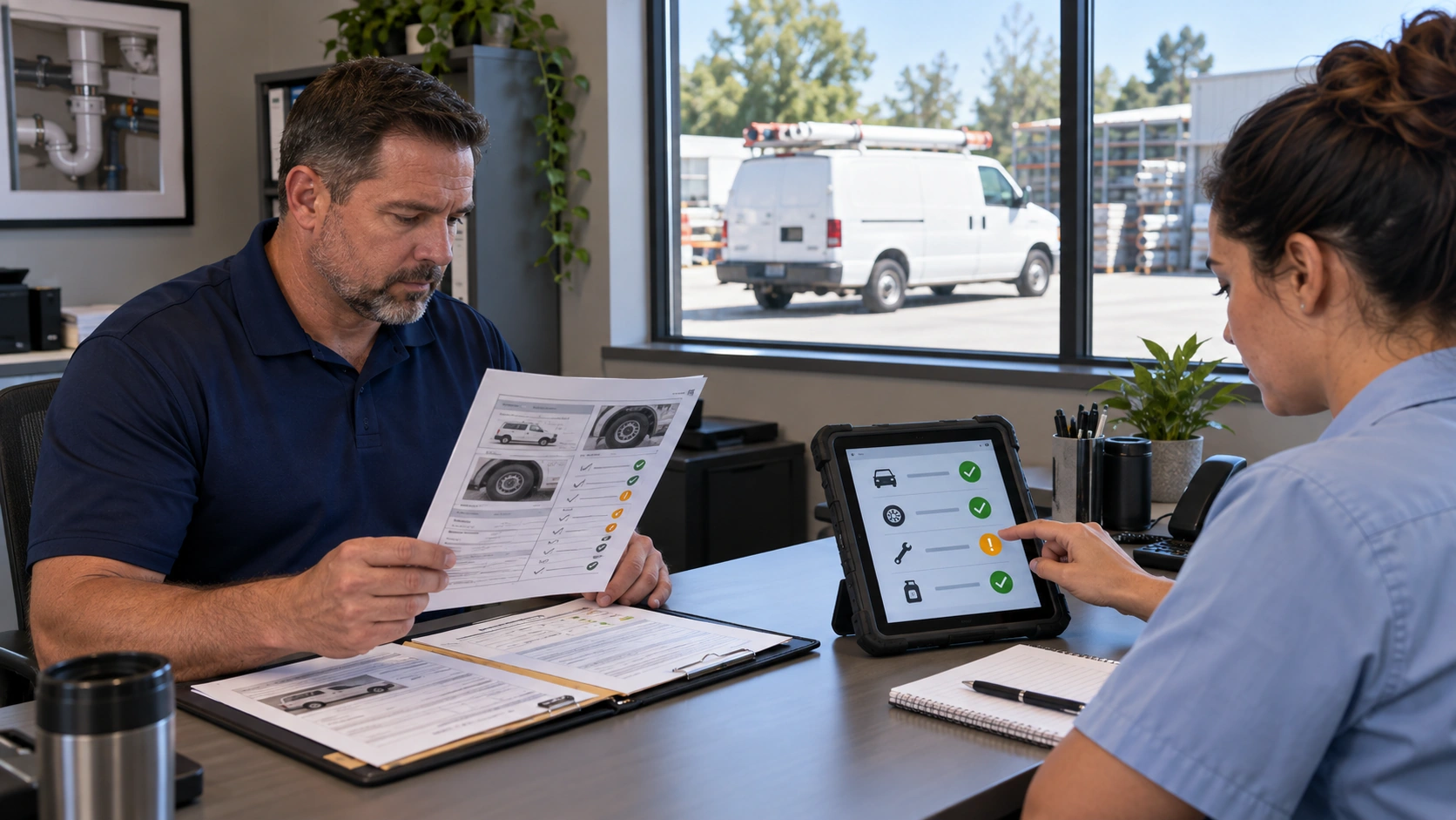 Technician completing a digital pre dispatch checklist with photo evidence on a mobile device