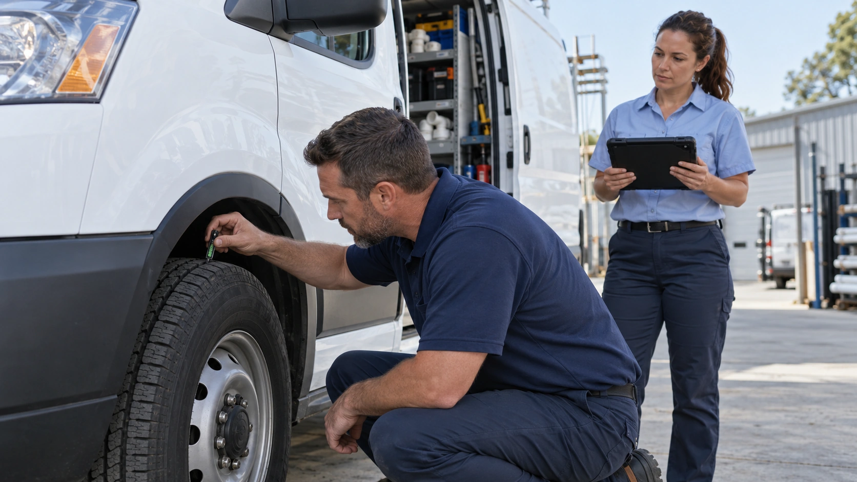 Technician checking tire pressure and load rating on a loaded plumbing service van