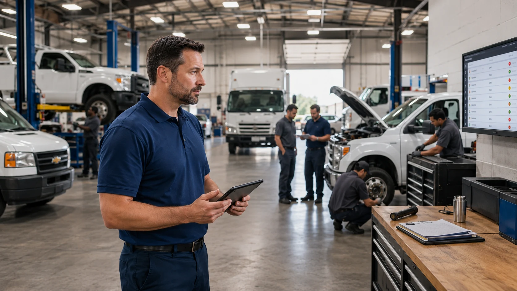 Fleet manager comparing scheduled maintenance dates against actual completed services