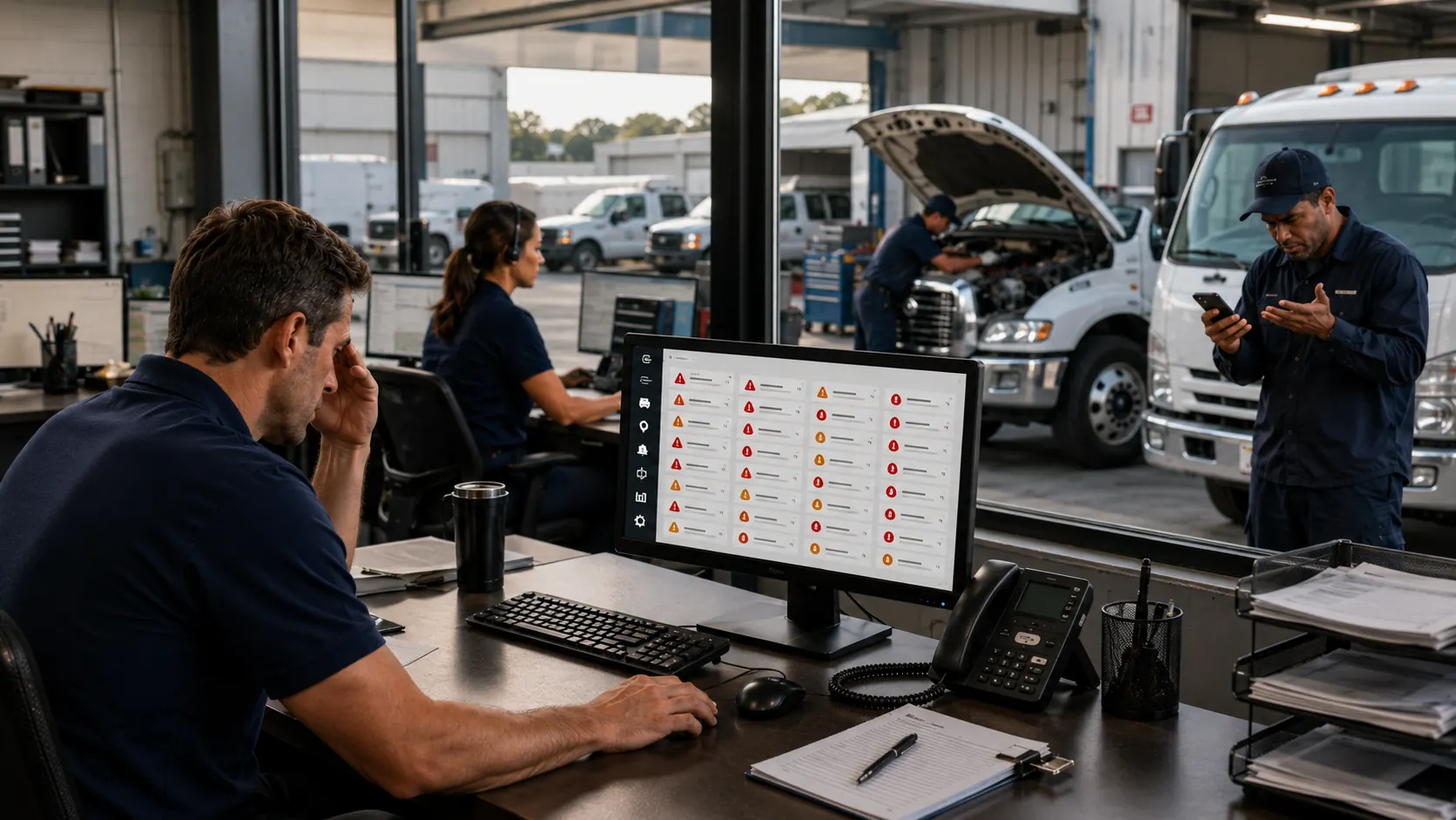 Fleet tracking dashboard showing high alert volume with brake faults and routine reminders displayed at the same urgency level