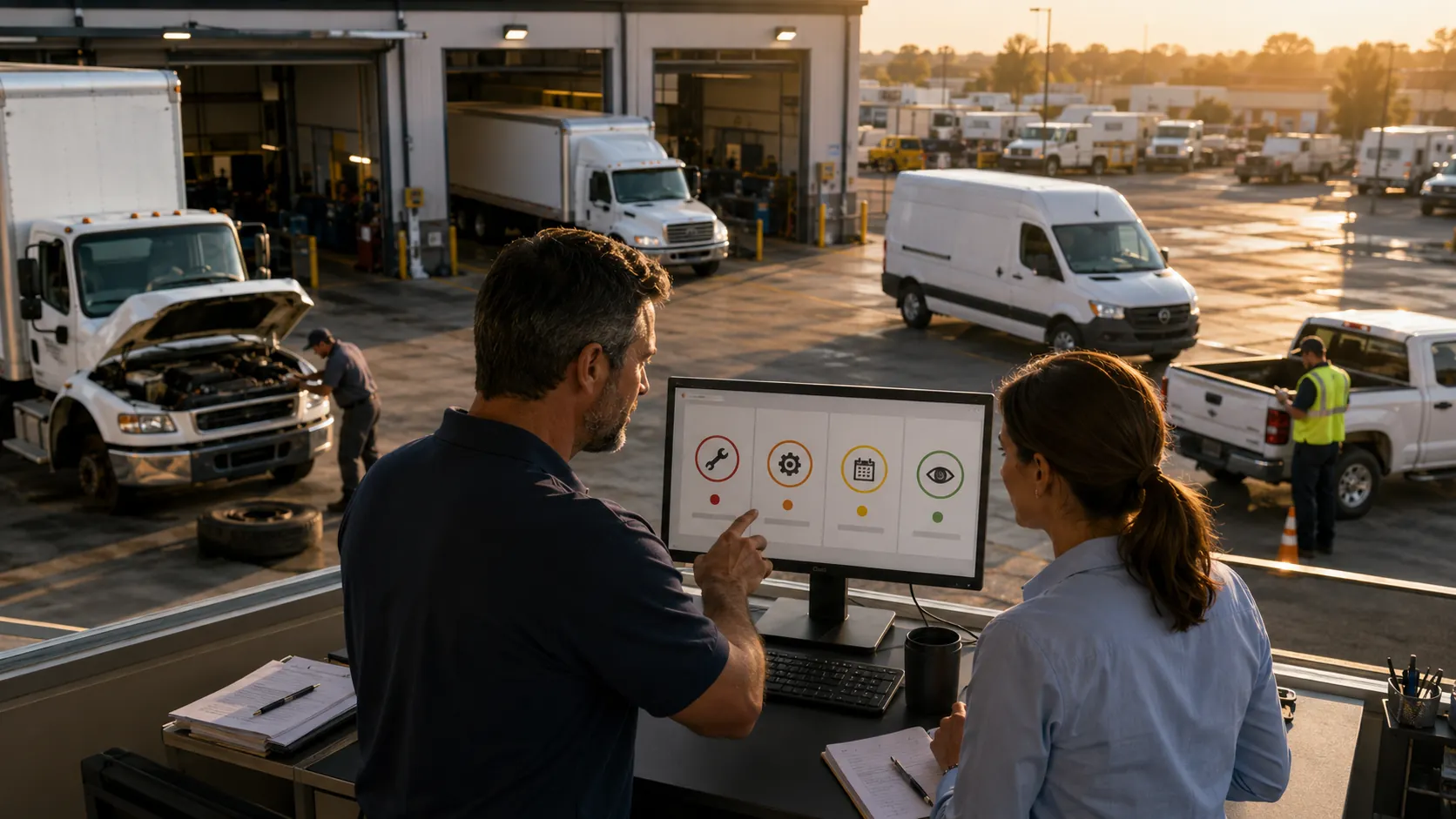 Fleet vehicle with a critical brake defect flagged on a digital inspection report requiring immediate out of service action before dispatch