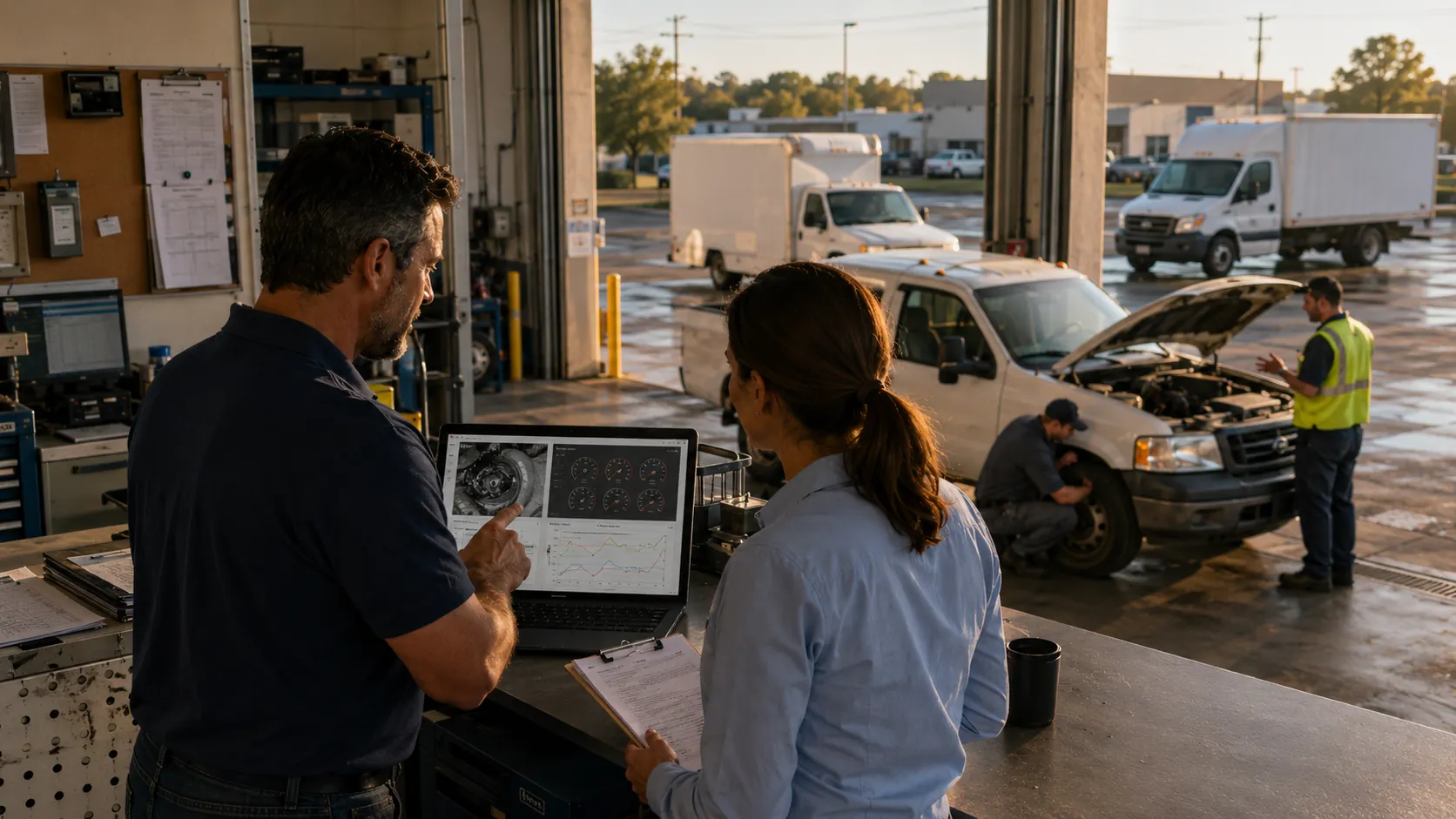 Fleet manager comparing mileage and engine hour trends alongside fault code history to assess repair urgency for a monitored vehicle issue