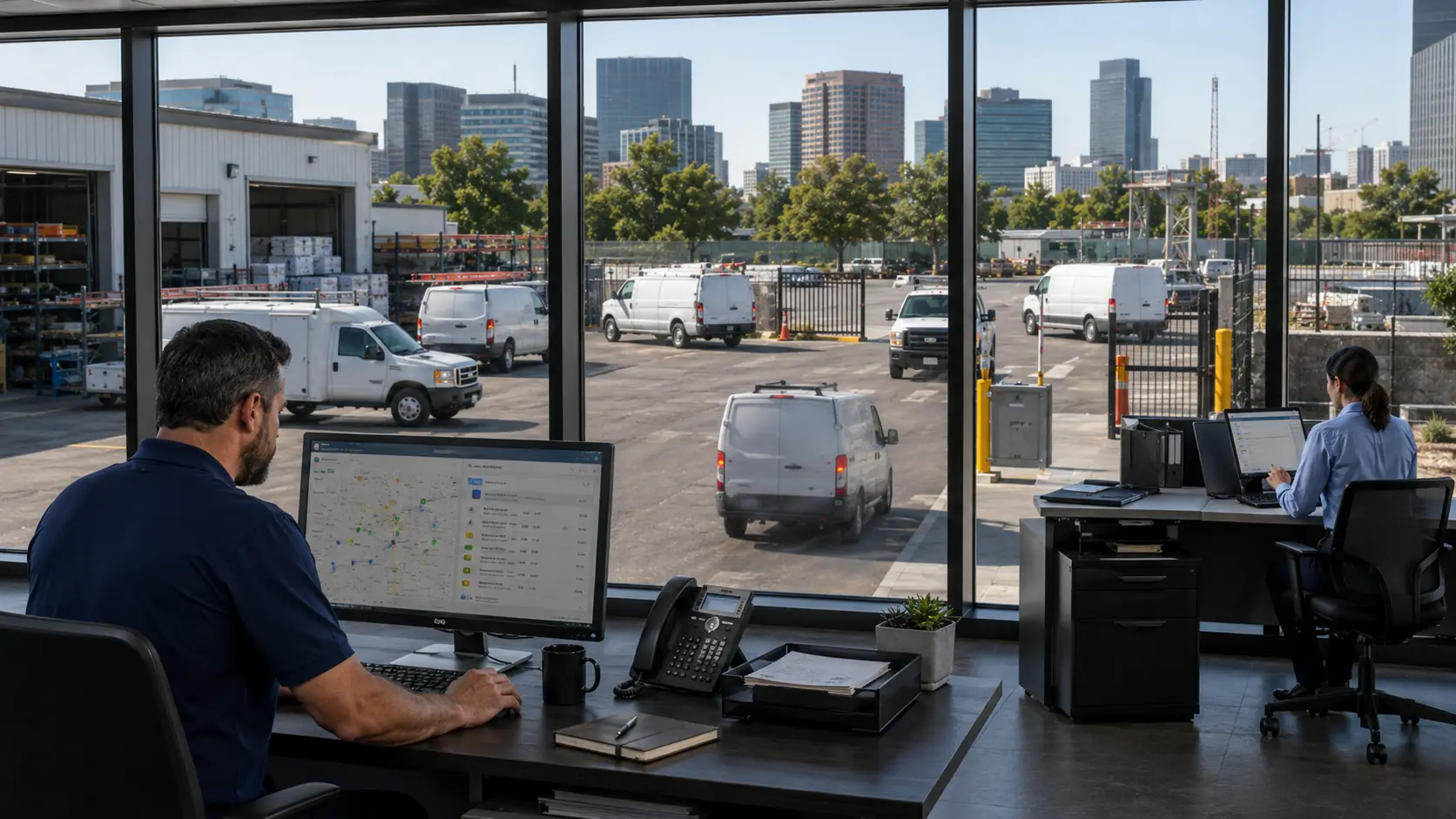 Fleet dispatcher using real-time GPS tracking dashboard to assign the closest ready vehicle to the next job site