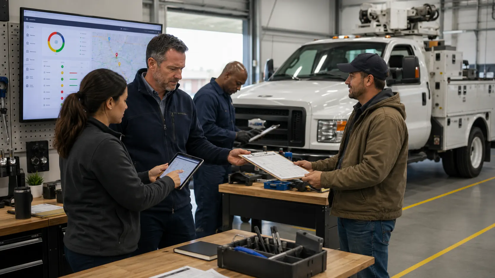 Connected fleet workflow showing drivers, maintenance, dispatch, and finance using one shared vehicle record