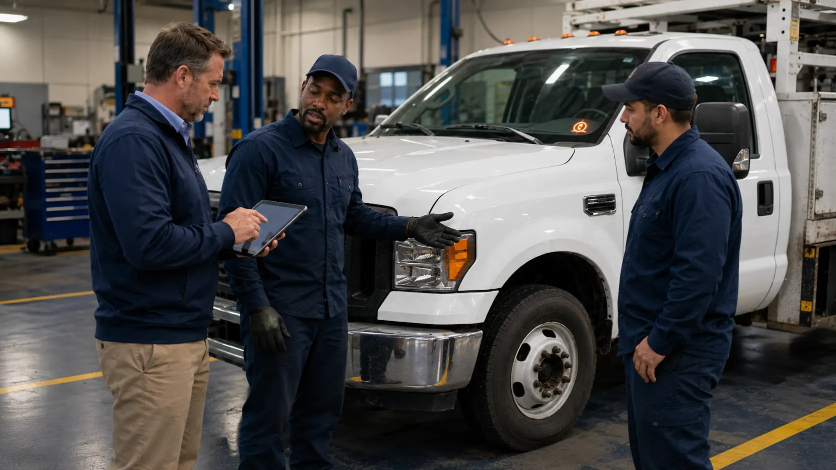 Fleet manager discussing safety defect reporting practices with drivers during a team meeting