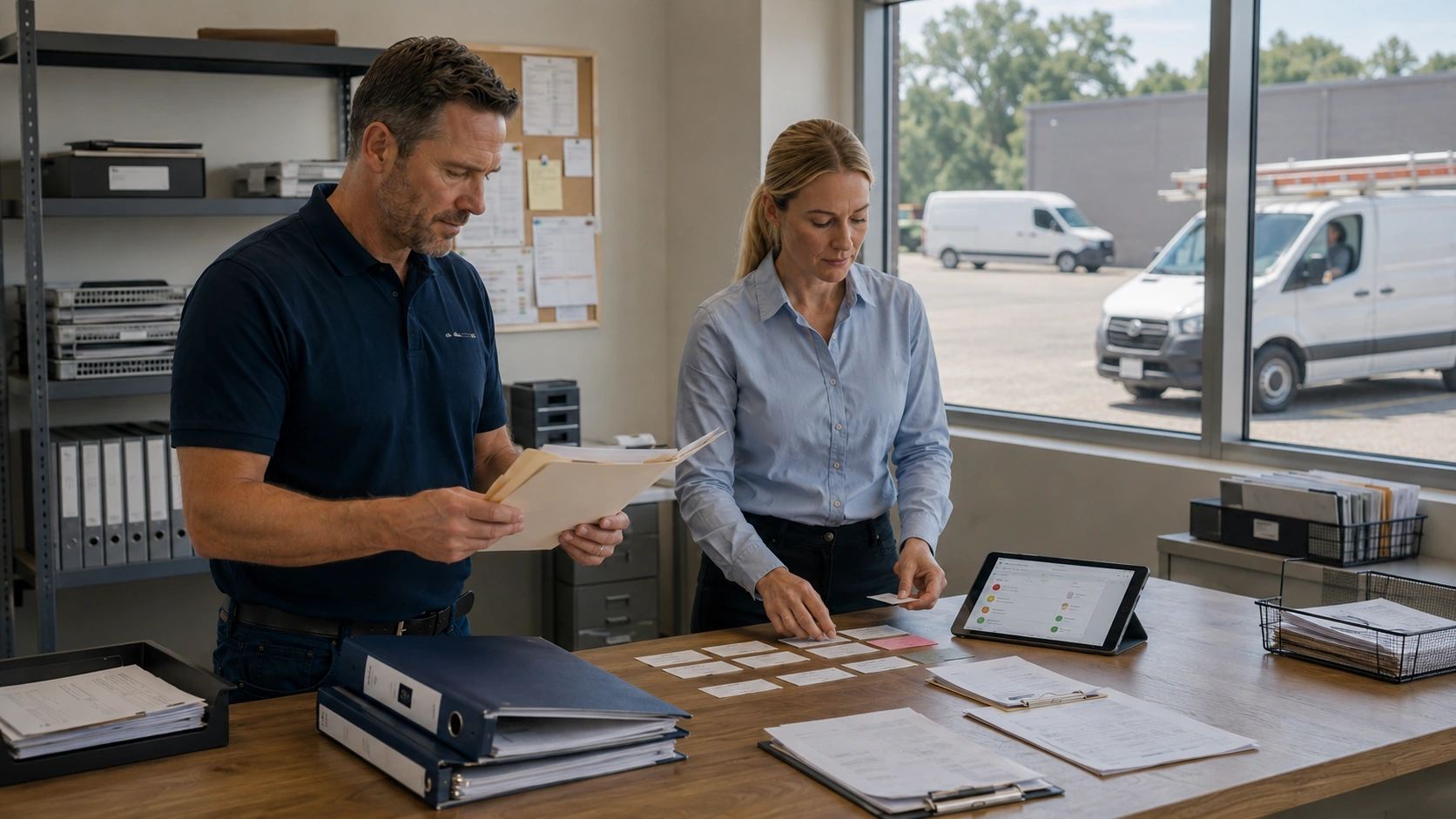 Dispatcher reviewing morning vehicle readiness before releasing job assignments