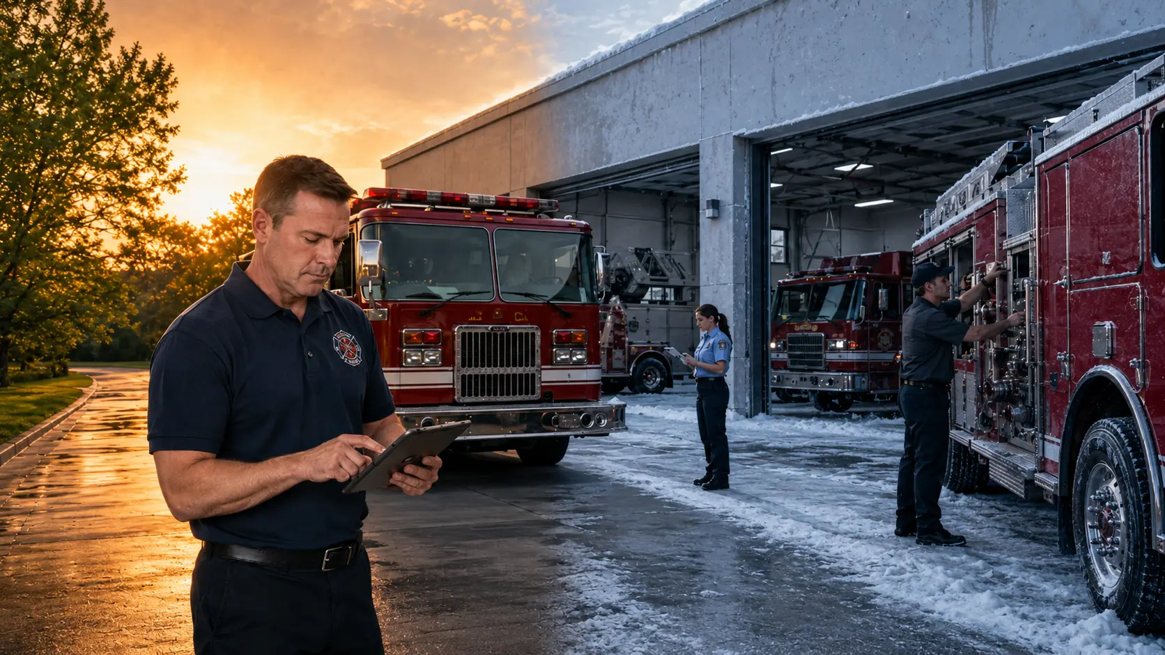 New fire apparatus awaiting delivery at a manufacturing facility