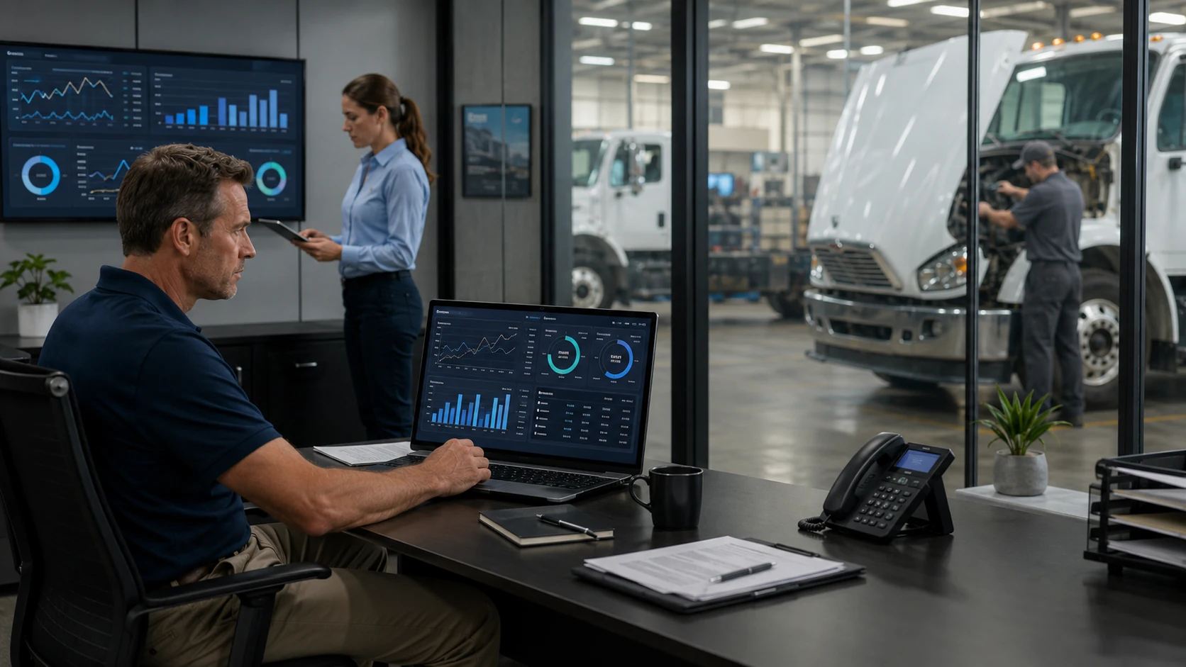 Fleet manager updating a rolling 90-day cost forecast dashboard comparing actual fuel, maintenance, and downtime spend against prior assumptions by vehicle class