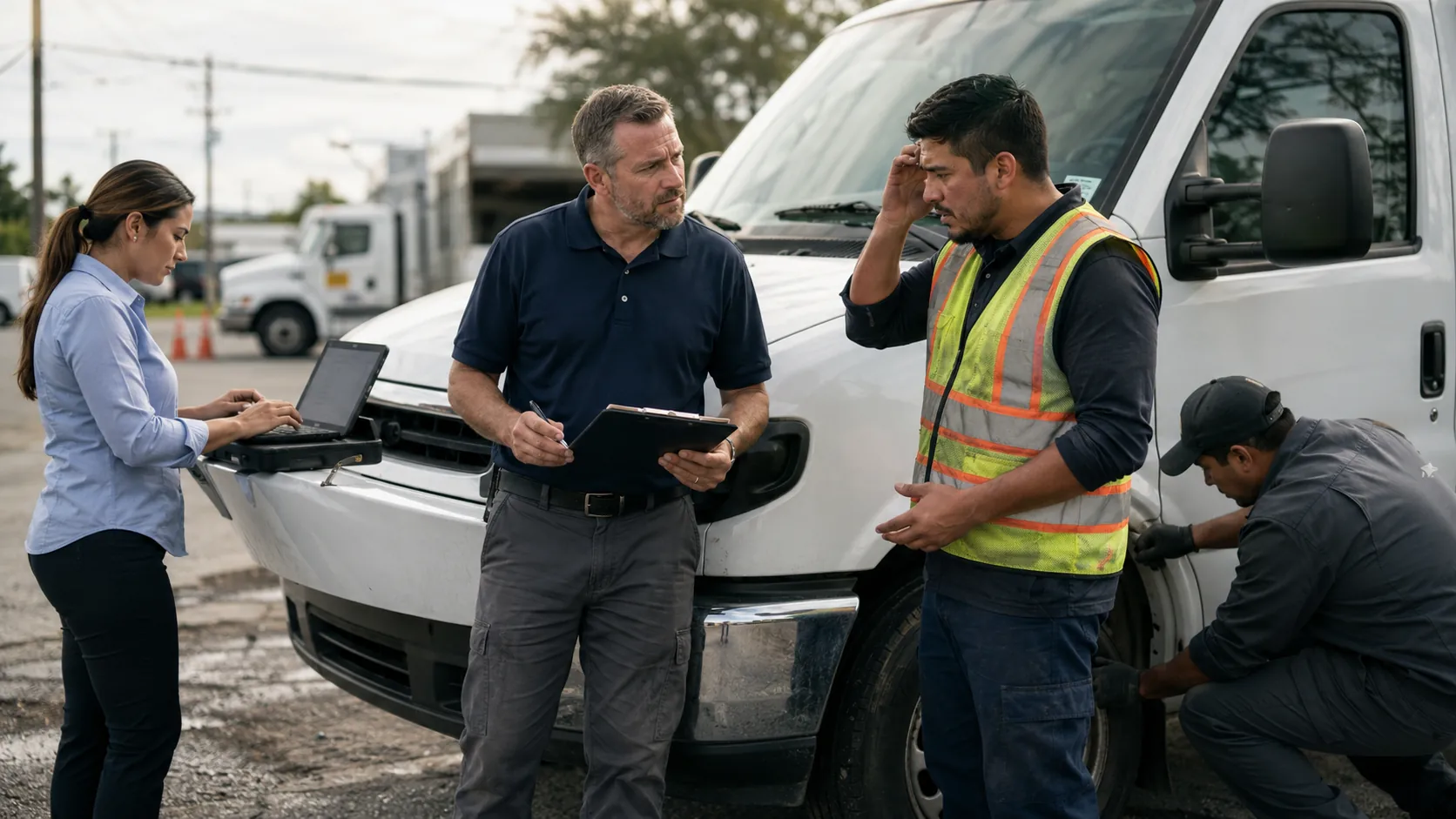 Near miss documentation form being completed on a tablet showing event details, location, vehicle ID, and driver account