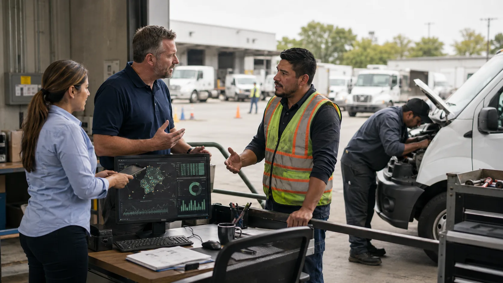 Fleet safety meeting where a manager shares near miss outcomes with drivers showing what changes were made after a reported close call