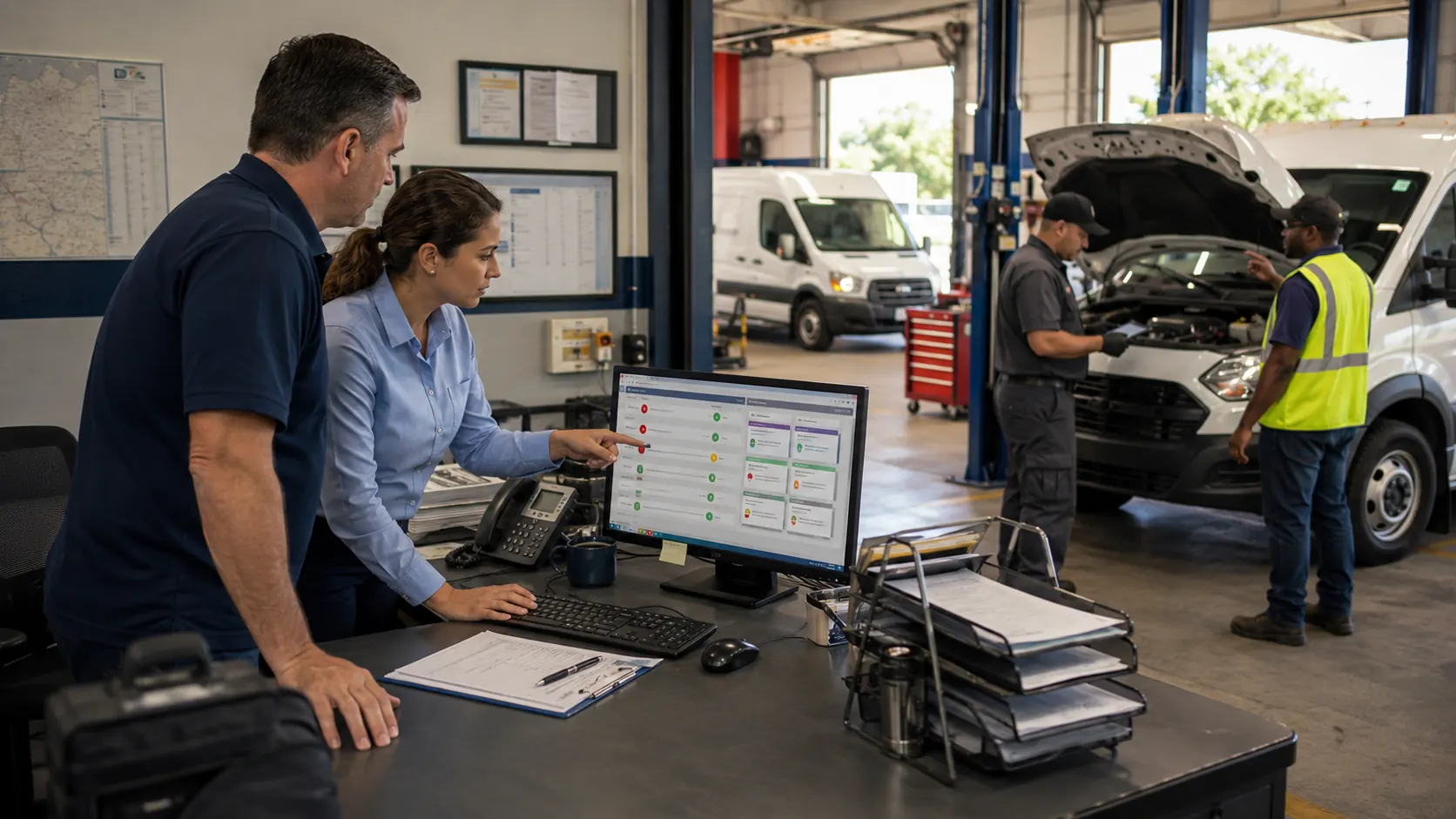 Fleet maintenance work order being created from an inspection finding with vehicle ID, defect description, priority, and assigned technician