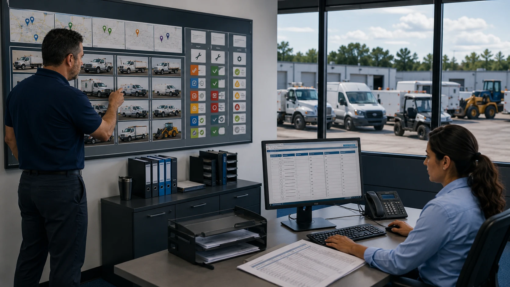 Manager reviewing current fleet profile against report categories