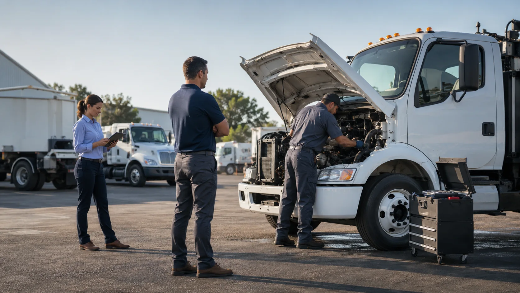 Mobile technician repairing a stranded truck on the roadside