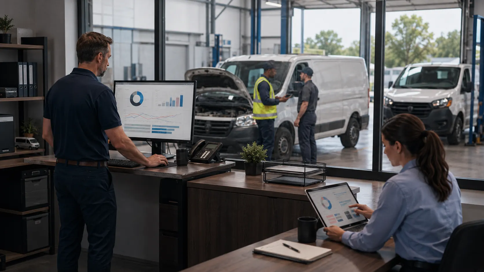 Fleet manager comparing per vehicle repair history, costs, and downtime in a centralized maintenance tracking system
