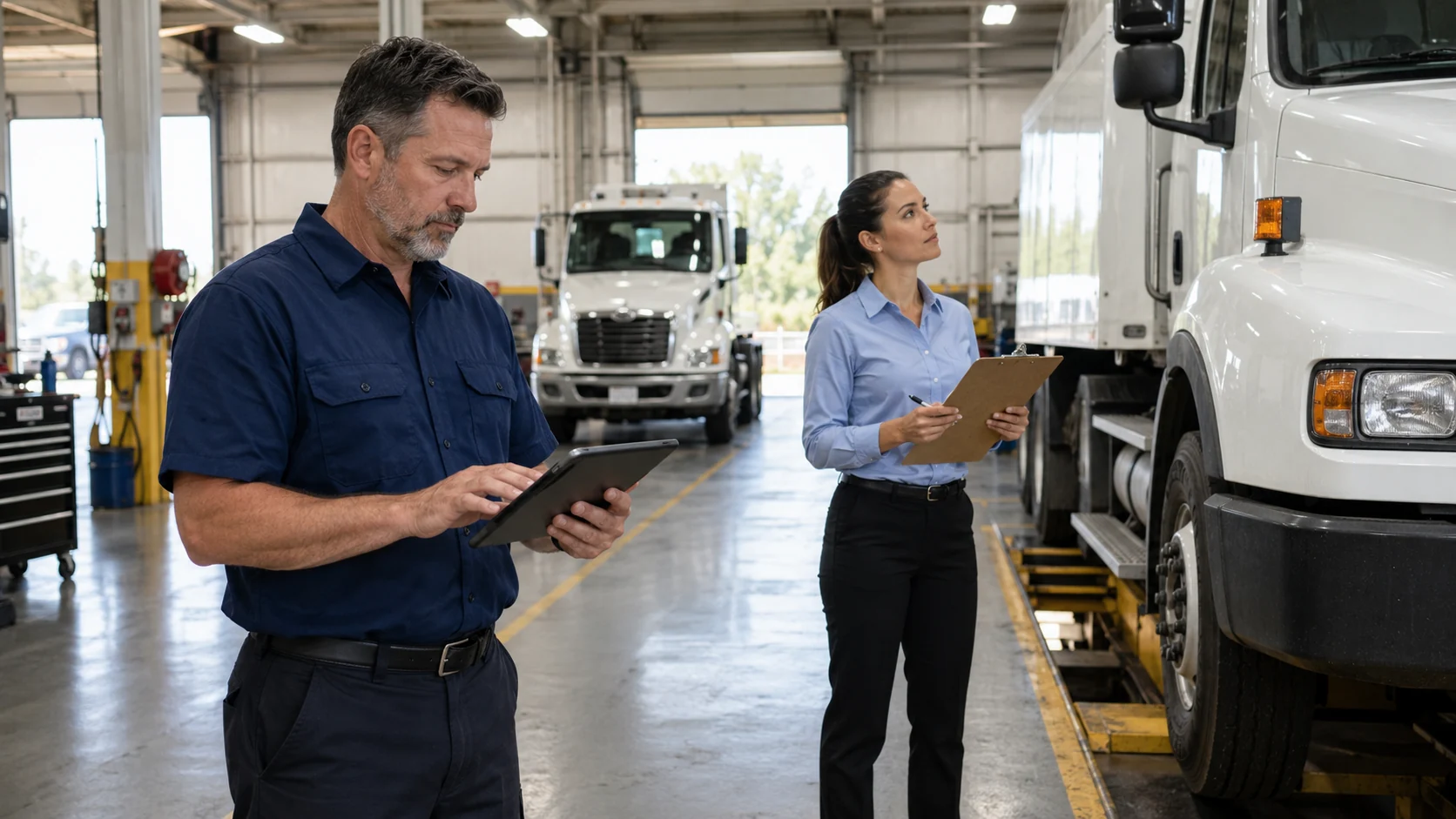Fleet manager coordinating standardized maintenance, inspection, and work order processes across multiple vehicle locations