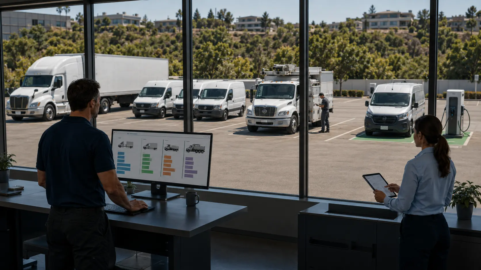 Fleet fuel metrics dashboard showing MPG per vehicle, cost per mile, idle percentage, fuel variance, and driver behavior scores at the asset level