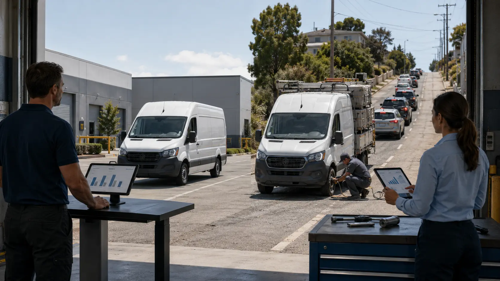 Mixed fleet lineup showing diesel trucks, electric vans, and CNG vehicles each using different fuel measurement units making direct MPG comparison inaccurate